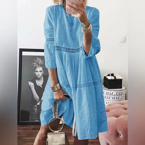 Like New Boutique style blue eyelet and lace dress Large (chart in last photo)